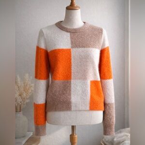 Cashmere Color Block Sweater - Orange, Cream, and Brown